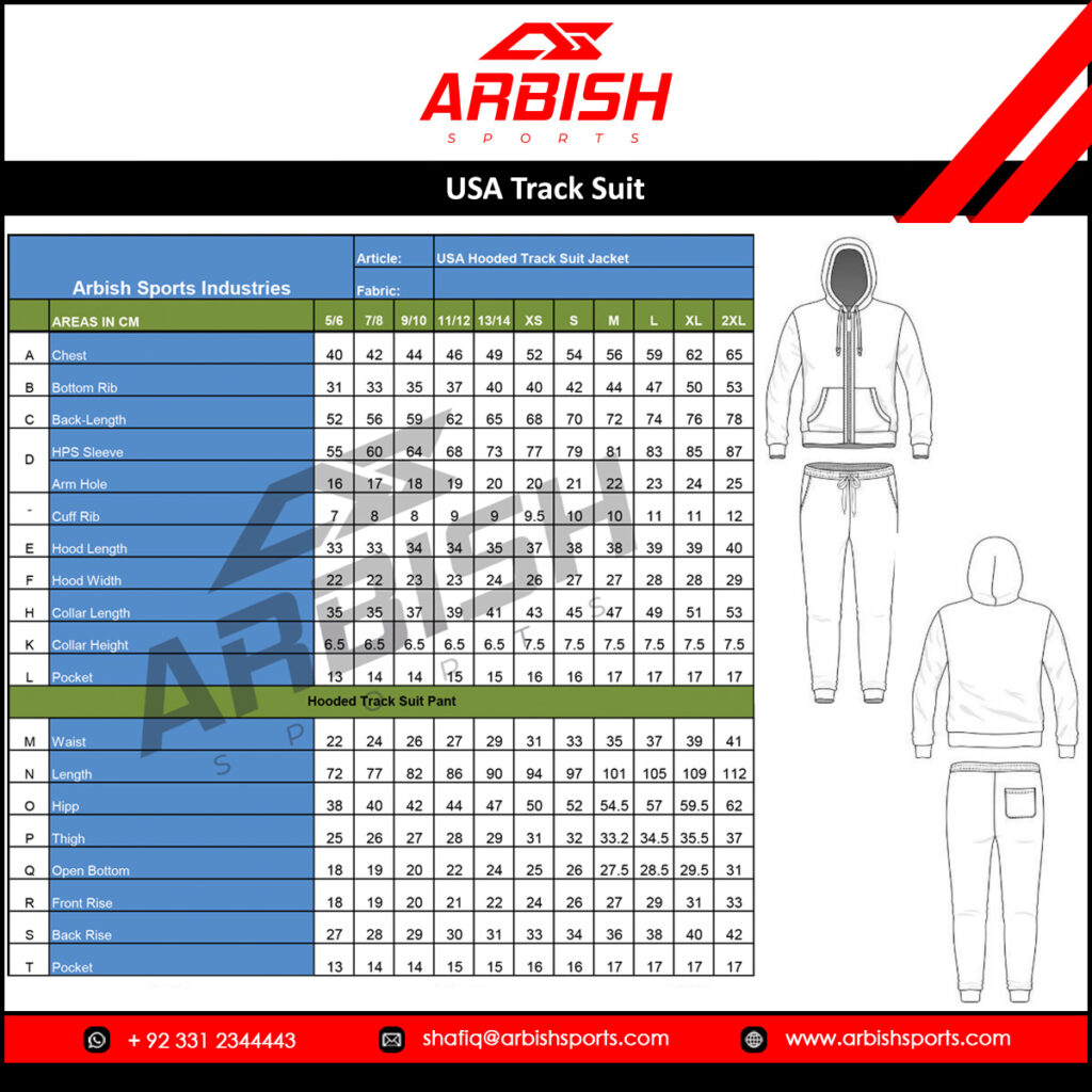 Image Shown Size Chart of Hooded-USA-Track-Suit